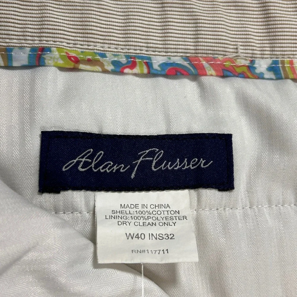 Alan Flusser Seersucker Pants Mens 40x32 Beige Micro Stripe‎ Flat Front Coastal